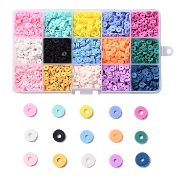150G 15 Colors Handmade Polymer Clay Beads, Heishi Beads, for DIY Jewelry Crafts Supplies, Disc/Flat Round, Mixed Color, 6x1mm, Hole: 2mm, 10g/color