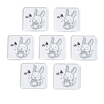 Transparent Printed Acrylic Pendants, Square with Drinking Rabbit, Black, 34.5x34.5x2.5mm, Hole: 1.6mm