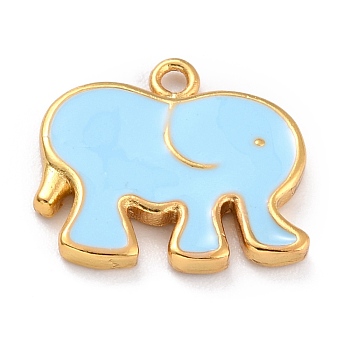 Golden Brass Enamel Pendants, Long-Lasting Plated, Elephant, Light Blue, 16x17.5x2mm, Hole: 1.6mm