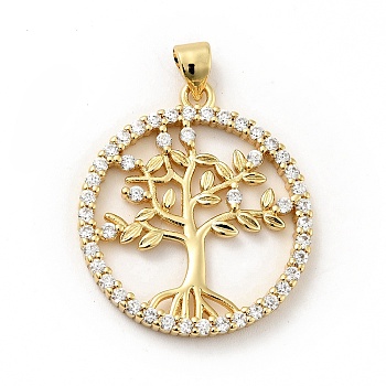 Rack Plating Brass Micro Pave Cubic Zirconia Pendants, Long-Lasting Plated, Lead Free & Cadmium Free, Round Ring with Tree of Life, Real 18K Gold Plated, 28.5x25x2.5mm, Hole: 3.5x4mm