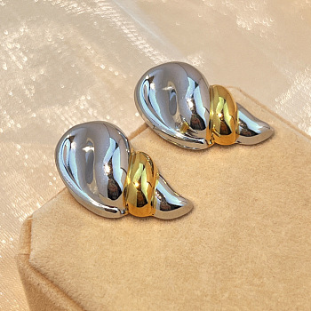 304 Stainless Steel Two Tone Stud Earrings, Golden & Stainless Steel Color, Shell Shape, 34x20mm