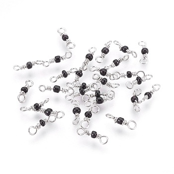 Brass Links connectors, with Glass Beads, Infinity, Nickel Free, Real Platinum Plated, Black, 10~11x3x2mm, Hole: 1.4~1.6mm
