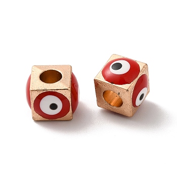 Alloy Enamel European Beads, Large Hole Beads, Light Gold, Cube with Evil Eye, Red, 8x10.5x10.5mm, Hole: 4.3mm