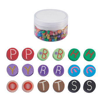 Handmade Polymer Clay Flat Round with Capital Letter Beads, Mixed Color, 6x4mm, Hole: 2mm, 300pcs/box