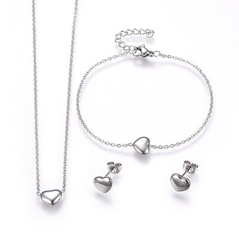 304 Stainless Steel Jewelry Sets, Pendant Necklaces & Stud Earrings & Bracelets, Heart, Stainless Steel Color, 16.93 inch(43cm), 6-3/4 inch(17cm), 7x9x2.5mm, Pin: 0.8mm