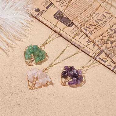 Natural Gemstone Chips Heart with Tree of Life Pendant Necklace(NJEW-JN03906)-2