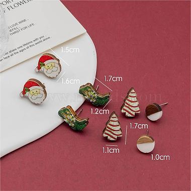 4 Pairs Santa Claus & Boot & Christmas Tree Printed Wood Stud Earrings(EJEW-OY001-03)-2