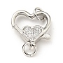 Brass Micro Pave Clear Cubic Zirconia Heart Lobster Claw Clasps, with Double Jump Rings, Cadmium Free & Lead Free, Platinum, 21mm, Hole: 3.5mm