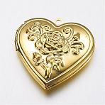 Brass Locket Pendants, Cadmium Free & Lead Free, Heart with Rose, Golden, 29x29x7.5mm, Hole: 2mm(KK-N0116-009G)