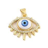 Brass Micro Pave Cubic Zirconia Pendants, with Enamel, Cadmium Free & Lead Free, Long-Lasting Plated, Evil Eye, Real 18K Gold Plated, Royal Blue, 20x24x6.5mm, Hole: 4x3.5mm(KK-B059-41G-D)