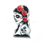 Halloween  Acrylic Pendants, Skullgirls with Flower Charms, Red, 35.5x18x2.2mm, Hole: 1.8mm(SACR-B004-05A)