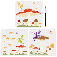 US 1 Set PET Hollow Out Drawing Painting Stencils, with 1Pc Art Paint Brushes, Mushroom Pattern, Painting Stencils: 300x300mm, 3pcs/set(DIY-MA0001-53)