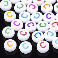 Initial Acrylic Beads, Horizontal Hole, Flat Round, Mixed Color, Letter.C, 7x3.5~4mm, Hole: 1.2mm, about 3700pcs/500g(OACR-E001-20C)