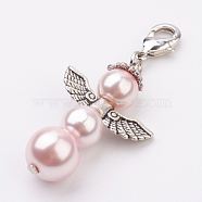 Alloy Pendants, with Brass Lobster Claw Clasps and Glass Pearl, Angel, Antique Silver, Pink, 47mm(X-HJEW-JM00282-05)