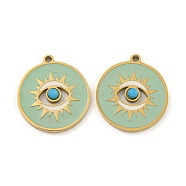 316 Surgical Stainless Steel Enamel Pendants, Flat Round with Eye Charm, Golden, Dark Sea Green, 16.5x15x3mm, Hole: 1.2mm(STAS-M073-06G)