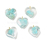 Transparent Resin Natural Chrysocolla Jasper Dyed Chips Pendants, with Golden Tone Brass Loops, Heart Charm, Turquoise, 16.5x15.5x6~6.5mm, Hole: 2mm(G-E185-12G-10)