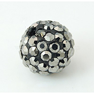 Polymer Clay Rhinestone Beads, Pave Disco Ball Beads, Grade A, Half Drilled, Round, Jet Hematite, PP9(1.5.~1.6mm), 6mm, Hole: 1.2mm(X-RB-H284-6MM-Half-1)