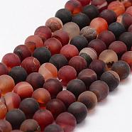 Frosted Natural Agate Beads Strands, Round, Dyed & Heated, Orange Red, 8mm, Hole: 1mm, about 48pcs/strand, 15.1 inch(G-F365-8mm-01)
