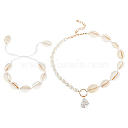 ANATTASOUL Natural Shell Braided Bead Bracelet & Imitation Pearl Pendant Necklace, Jewelry Set for Women, Moccasin, 17.52 inch(44.5cm), 1-3/4~3-1/4 inch(4.5~8.3cm), 2Pcs/box(SJEW-AN0001-17)