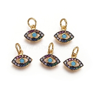 Brass Charms, with Micro Pave Cubic Zirconia and Jump Rings, Evil Eye, Colorful, Gunmetal & Golden, 9x10x2mm, Hole: 3.5mm(KK-I656-17)