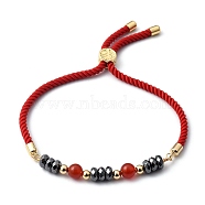 Adjustable Slider Bracelets, Nylon Cord Bracelets, with Natural Carnelian(Dyed & Heated) Beads, Non-Magnetic Synthetic Hematite Beads and Brass Beads, Golden, Inner Diameter: 3/4 inch~3-1/8 inch(2~8cm)(BJEW-JB05459-02)