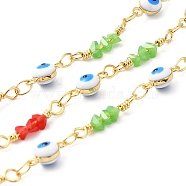Handmade Brass Enamel Flat Round with Evil Eye Link Chains, Glass Beaded Chains, Real 18K Gold Plated, Soldered, with Spool, Cadmium Free & Lead Free, Mixed Color, Evil Eye: 9x4.5x3.5mm, Glass Bead Link: 15x2~3x2~3mm(CHC-M024-23G-01)