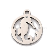 Non-Tarnish 201 Stainless Steel Charms, Laser Cut, Flat Round with Sea Animals Charm, Stainless Steel Color, Sea Horse, 14x12x1mm, Hole: 1.5mm(STAS-U016-06P-02)