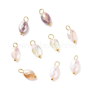 Electroplate Glass Pendants, with Golden Plated Brass Loops, Faceted, Oval, Lilac, 13~14x6~6.5x4~4.5mm, Hole: 2~3mm(PALLOY-JF01541-02)