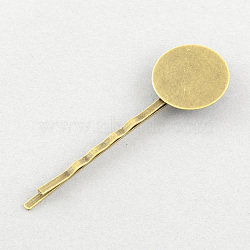 Iron Hair Bobby Pin Findings, with Brass Round Tray, Antique Bronze, Tray: 8mm, 55x2x8mm(MAK-S008-8mm-FP001AB)