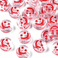 Transparent Acrylic Beads, Horizontal Hole, with Glitter Powder & Enamel, Flat Round with Smile Face, Red, 10x5mm, Hole: 2mm, about 1280pcs/400g(MACR-N008-55E)