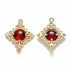 Glass Links connectors, with Eco-Friendly Alloy Open Back Berzel Findings and Clear Cubic Zirconia, Rhombus, Nickel Free, Light Gold, Dark Red, 23.5x19x4.5mm, Hole: 1.2mm(GLAA-T014-05KC-NF)