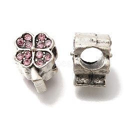 Rack Plating Alloy European Beads, with Rhinestone, Lead Free & Cadmium Free, Large Hole Beads, Clover, Antique Silver, 11.5x9x9mm, Hole: 5mm(FIND-H005-25AS)