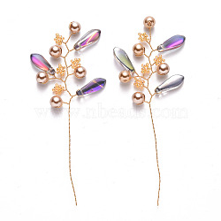 Glass Seed Beads and Brass Wire Wrapped Branch, with ABS Plastic Imitation Pearl, for DIY Wire Tree Sculpture and Beaded Bonsai Tree, Golden, Dark Khaki, 85~87x33~35x6mm(FIND-R086-07B)