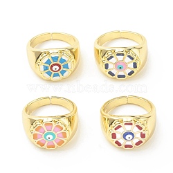 Enamel Flower Evil Eye Open Cuff Ring, Real 18K Gold Plated Brass Wide Band Chunky Ring for Women, Cadmium Free & Lead Free, Mixed Color, US Size 7 1/4(17.5mm)(RJEW-P204-10G)