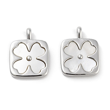 Brass Pave Natural Shell Square Pendants, Flower Charms, Platinum, 15.5x12x2mm, Hole: 3x1.5mm