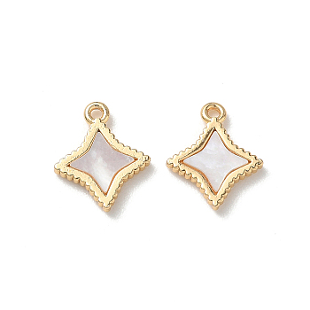 Brass Natural Shell Pendants, Star Charms, Seashell Color, Real 18K Gold Plated, 12.5x10.5x2mm, Hole: 1.2mm