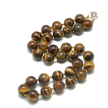 Natural Tiger Eye Beaded Necklaces, with Alloy Lobster Clasps, Round, 18.1 inch~18.5  inch(46~47cm), round: 11.5~12mm