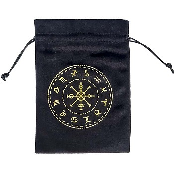 Twelve Constellations Pattern Velvet Packing Pouches, Drawstring Bags, Rectangle, Black, 18.2x12.8~13.5x0.2cm