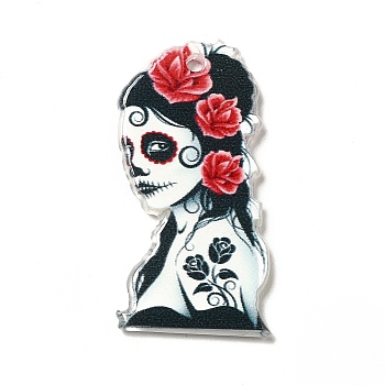 Halloween  Acrylic Pendants, Skullgirls with Flower Charms, Red, 35.5x18x2.2mm, Hole: 1.8mm