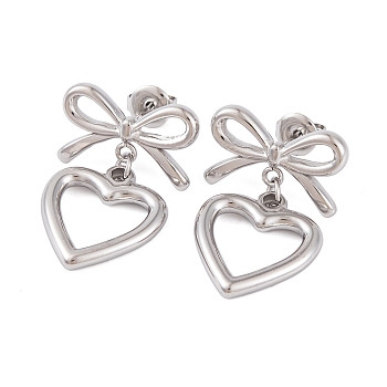 Non-Tarnish Bowknot 304 Stainless Steel Stud Earrings, Heart Dangle Earrings for Women, Stainless Steel Color, 29x19mm