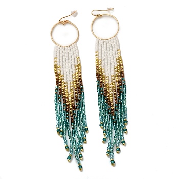 Bohemia Woven Glass Seed Bead Dangle Earrings, Tassel Chandelier Iron Earrings for Women, Medium Turquoise, 145~150mm