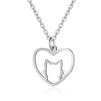 201 Stainless Steel Kitten Pendant Necklaces, with Cable Chains, Hollow Heart with Cat Head, Stainless Steel Color, 15.7 inch(40cm), 1.5mm, Heart: 17x20x1mm