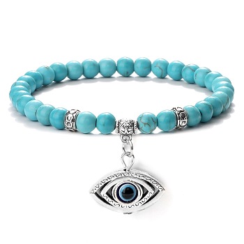 Fashion Synthetic Turquoise Beaded Stretch Bracelets, Evil Eye Charms Bracelets for Women
