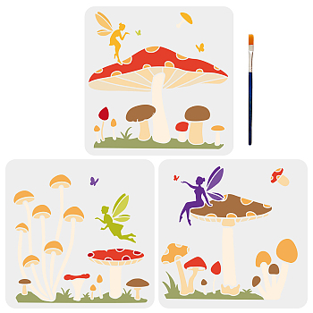 US 1 Set PET Hollow Out Drawing Painting Stencils, with 1Pc Art Paint Brushes, Mushroom Pattern, Painting Stencils: 300x300mm, 3pcs/set