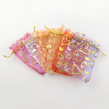 Heart Printed Organza Bags, Gift Bags, Rectangle, Mixed Color, 18x13cm