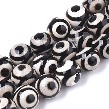 Tibetan Style 3-Eye dZi Beads Strands, Natural Agate Beads, Dyed & Heated, Round, 3-Eye, 10mm, Hole: 1mm, about 37pcs/strand, 14.57 inch(37cm)