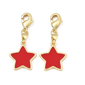 Star Brass Enamel Pendant Decorations, with Lobster Claw Clasps, Rack Plating, Long-Lasting Plated, Cadmium Free & Lead Free, Golden, Red, 33mm