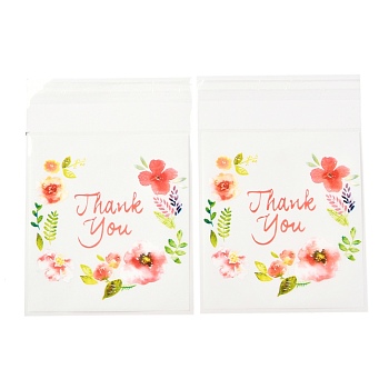 Rectangle OPP Self-Adhesive Bags, with Word Thank You and Flower Pattern, for Baking Packing Bags, Colorful, 17.4x14x0.02cm, 100pcs/bag