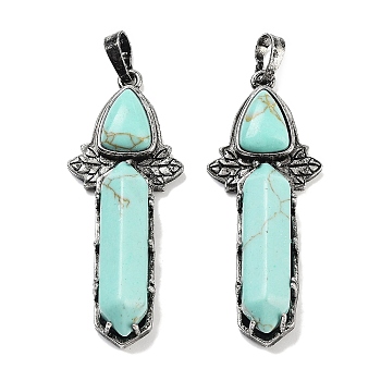 Synthetic Turquoise Sword Big Pendants, Rack Plating Antique Silver Plated Brass Charms, Cadmium Free & Lead Free, 51x20x9mm, Hole: 6.5x5mm