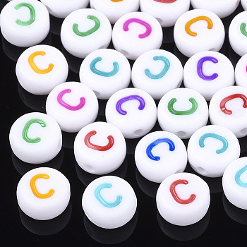 Initial Acrylic Beads, Horizontal Hole, Flat Round, Mixed Color, Letter.C, 7x3.5~4mm, Hole: 1.2mm, about 3700pcs/500g